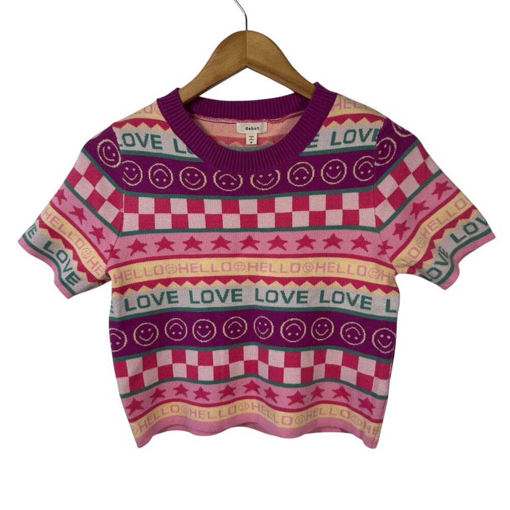 Debut Top Women M Purple Cropped Smily Face Sweater Kidcore Text Love Spring